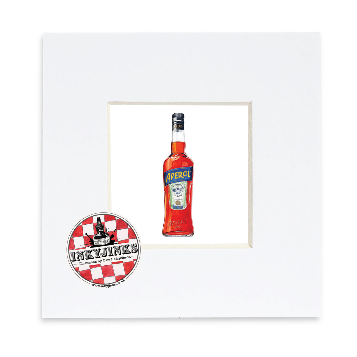Aperol Mini Print showing an orange Aperol bottle in a white mount