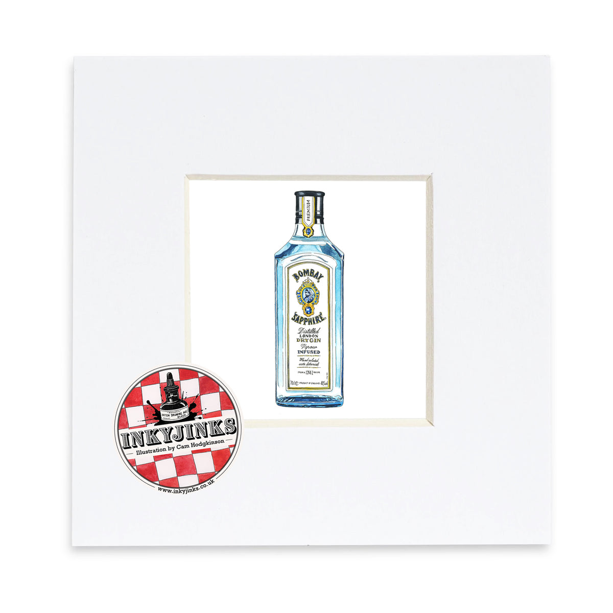 Bombay Mini Print showing a pale blue Bombay Sapphire gin bottle in a white mount