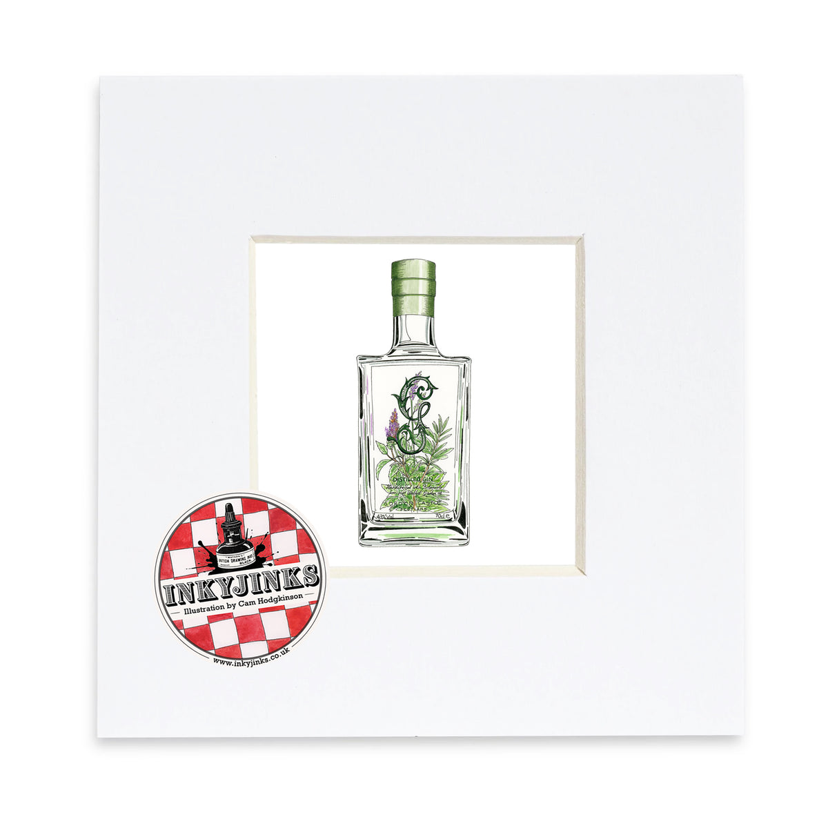 Castle Gin Mini Print showing a clear rectangular bottle with botanical decoration in a white mount