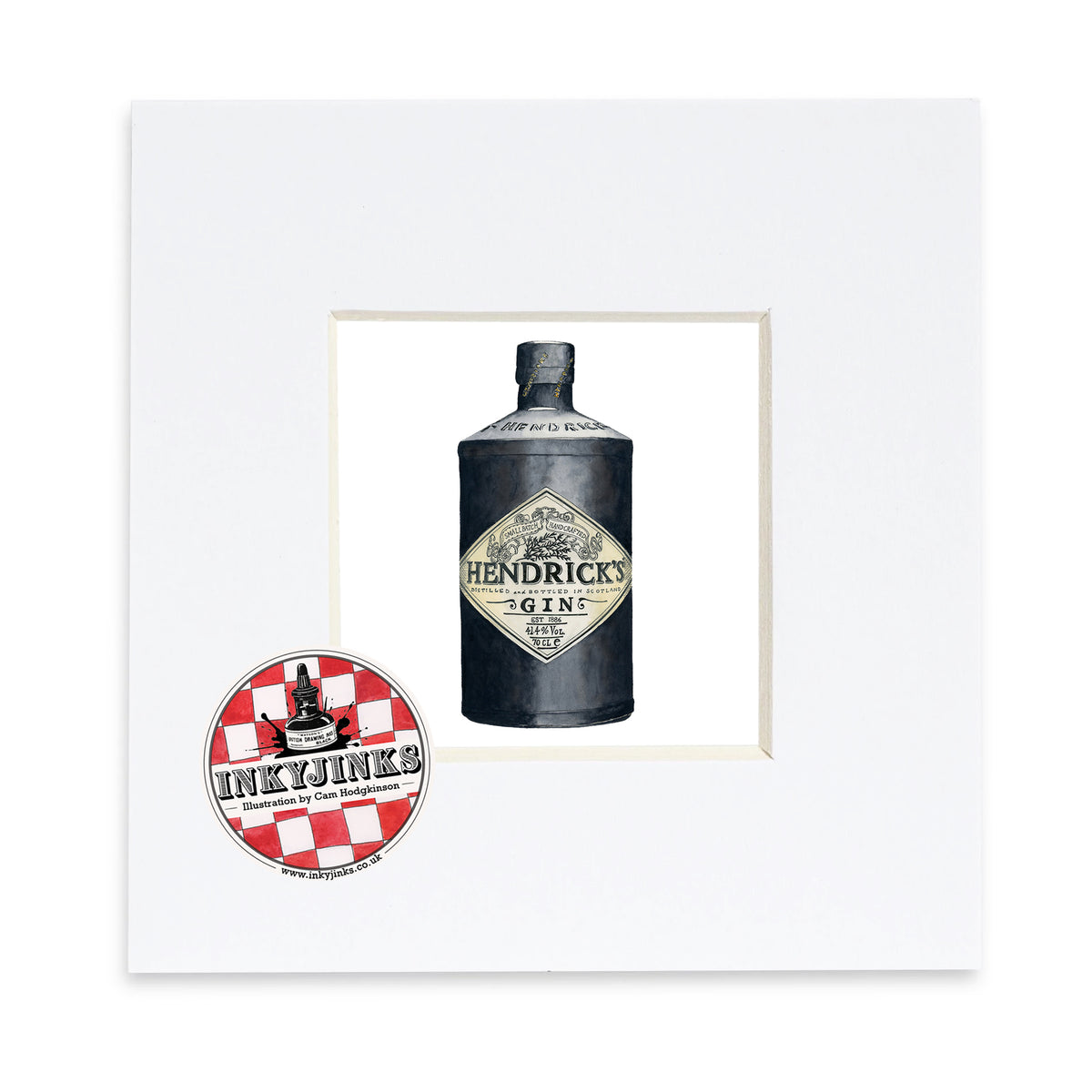 Hendrick’s Mini Print featuring a dark gin bottle with a cream label in a white mount