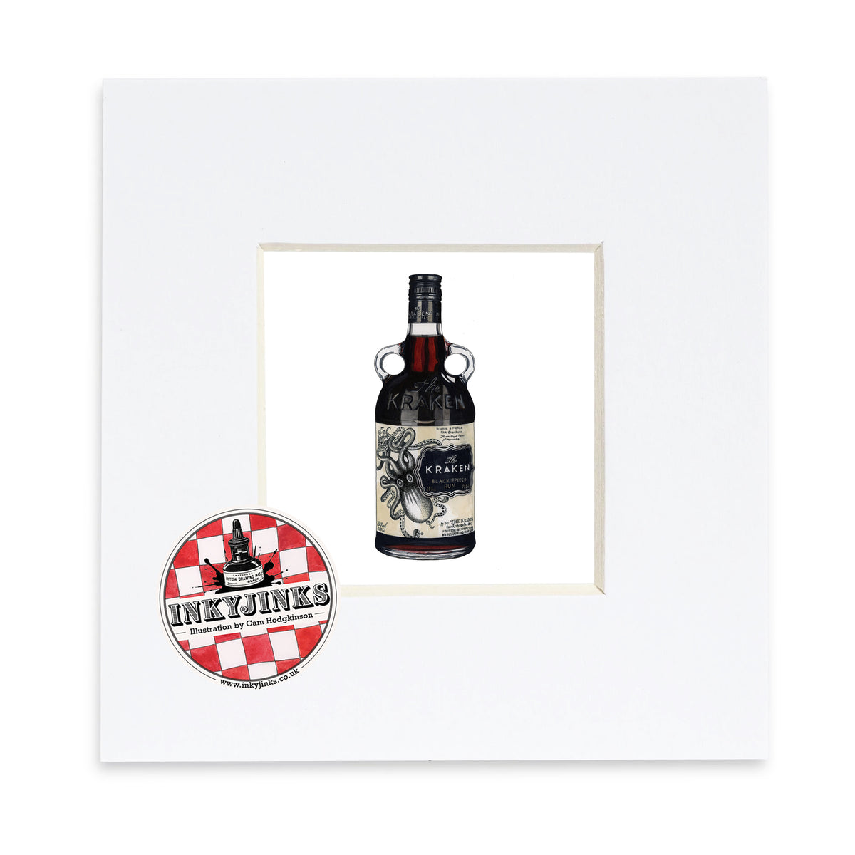 Kraken Mini Print featuring a dark rum bottle with an octopus label in a white mount
