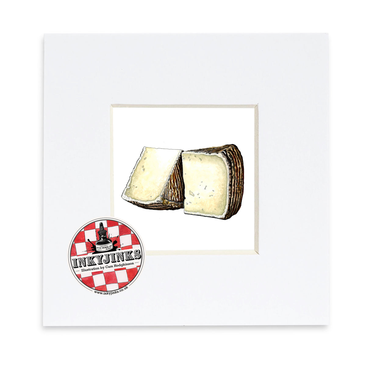 Pecorino Mini Print featuring two pieces of cheese with dark textured rind in a white mount