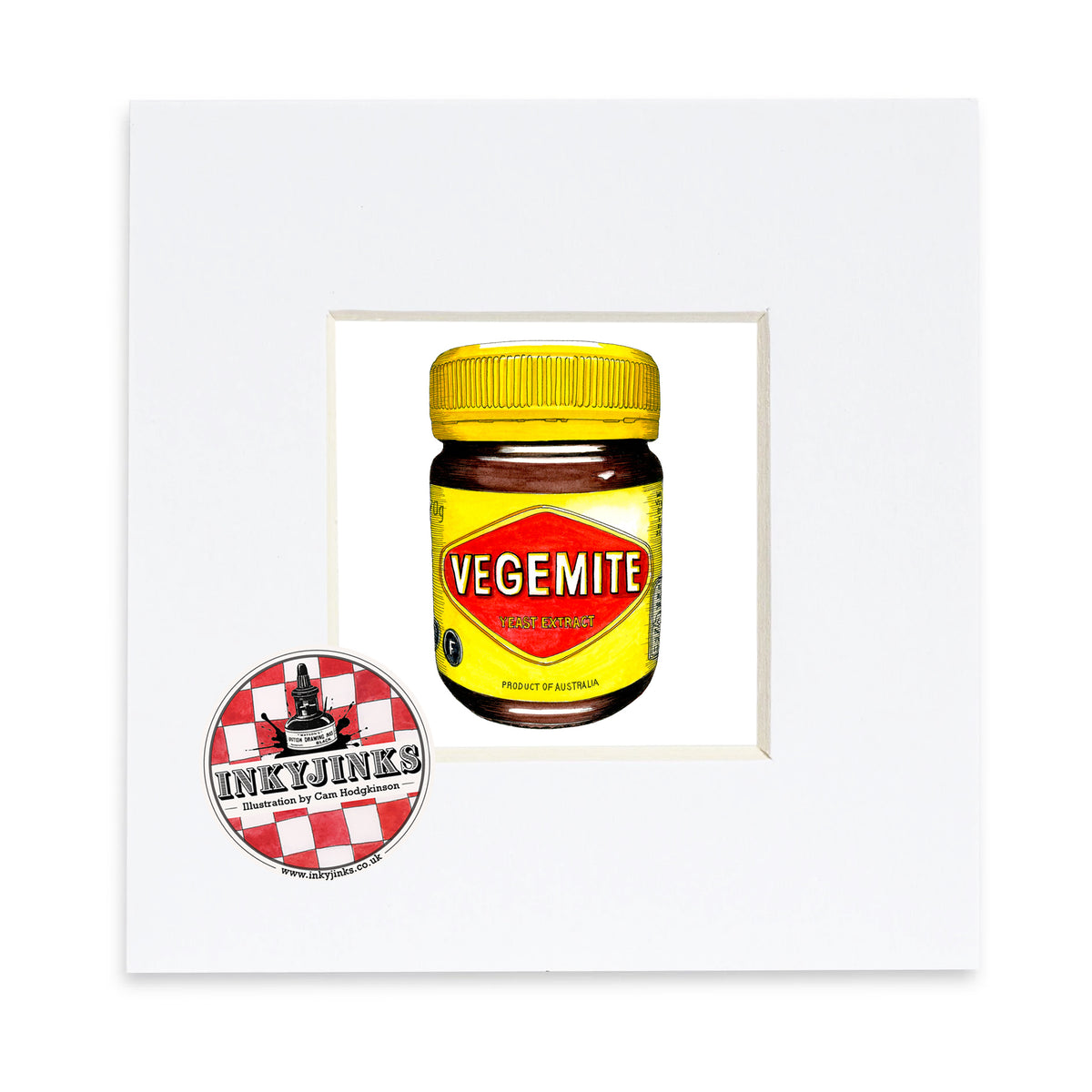 Aussie Classic Mini Print featuring a yellow-lidded Vegemite jar in a white mount