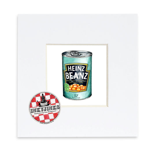 Illustration of a Heinz baked beans tin in a white mount