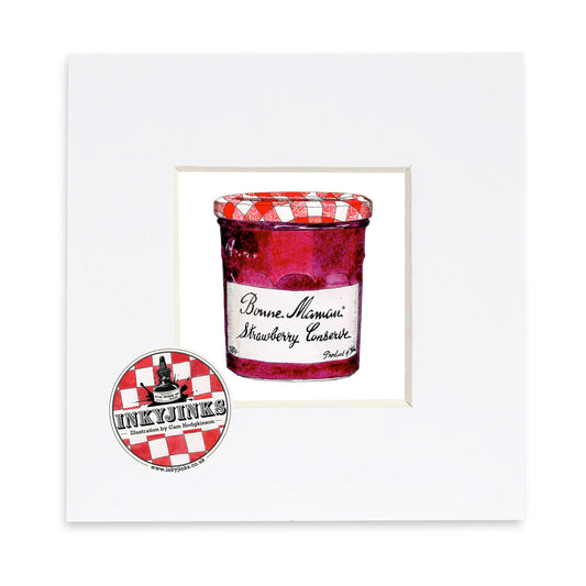 Illustration of a Bonne Maman strawberry conserve jar in a white mount