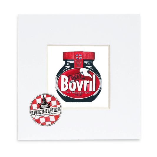 Illustration of a Bovril jar in a white mount