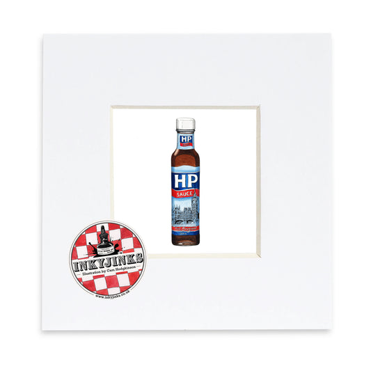 Illustration of an HP brown sauce bottle in a white mount