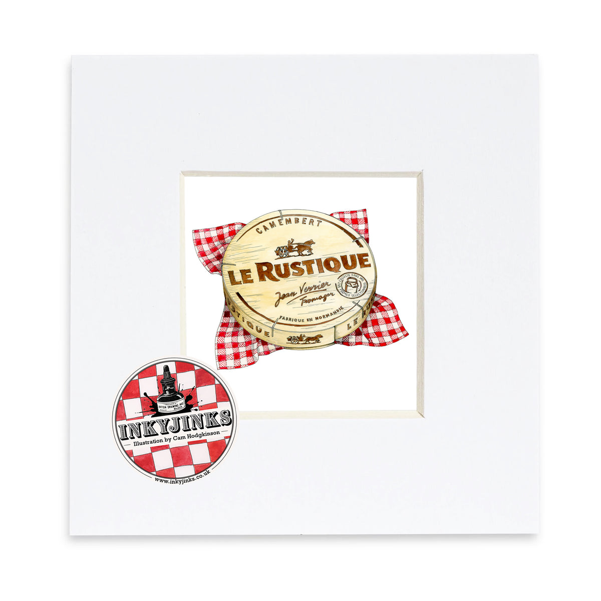Camembert Mini Print featuring a Le Rustique box on red gingham in a white mount