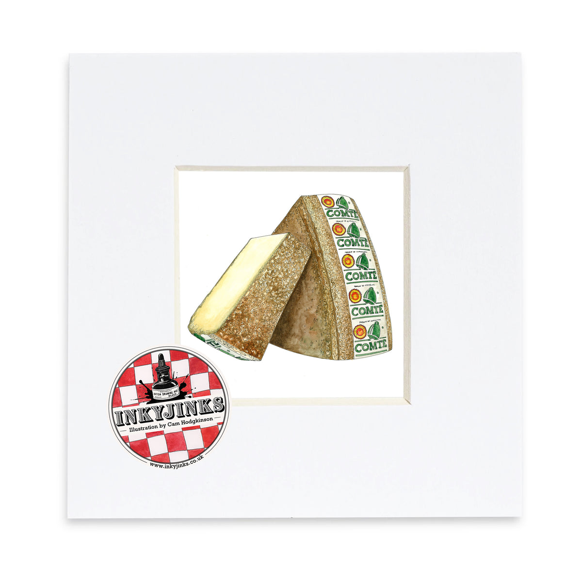 Comté Mini Print showing two pieces of cheese with textured rind and a green-lettered label in a white mount