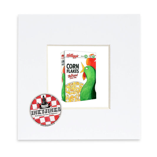 Illustration of a Kellogg's Corn Flakes box in a white mount