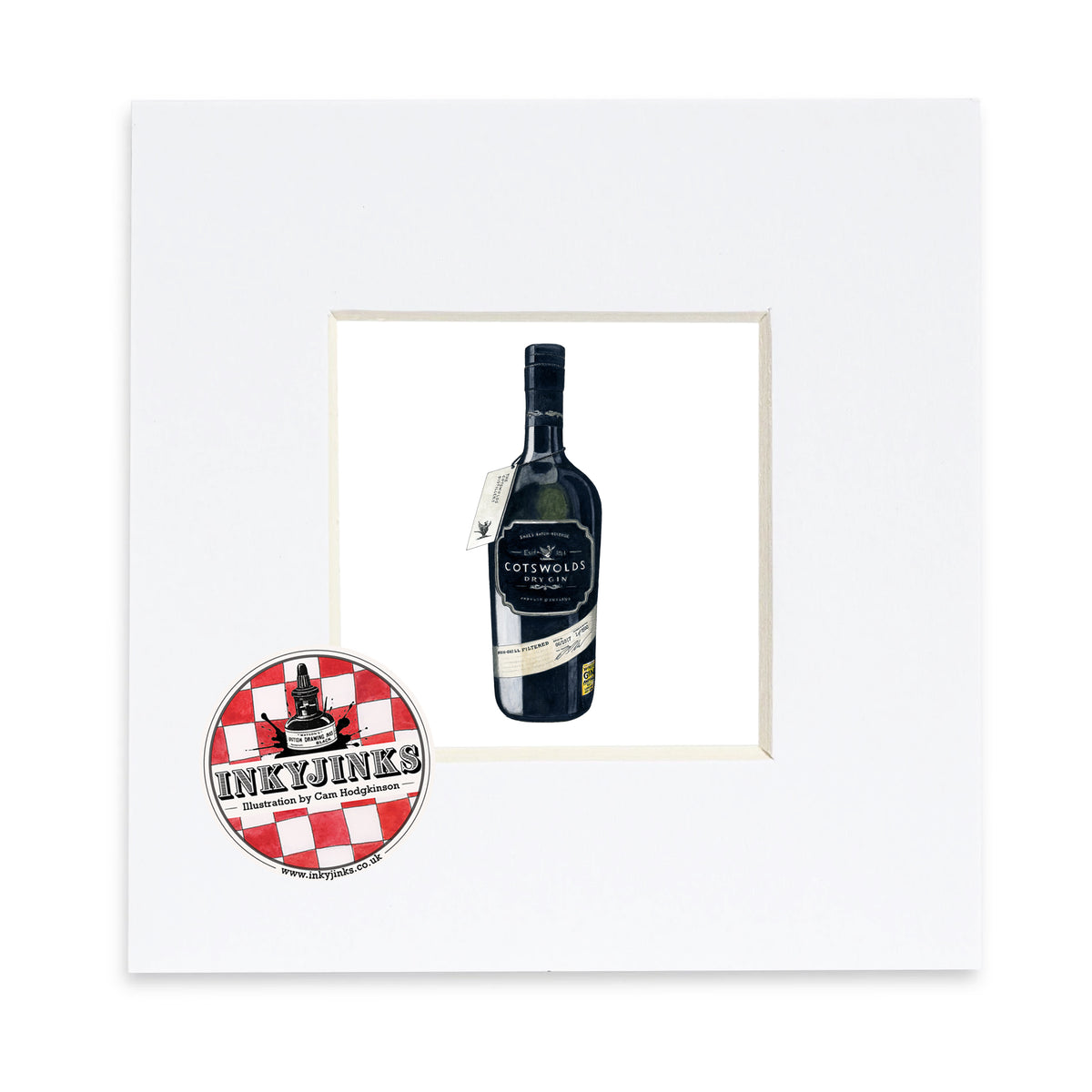 Cotswolds Gin Mini Print showing a dark gin bottle with a hanging neck tag in a white mount
