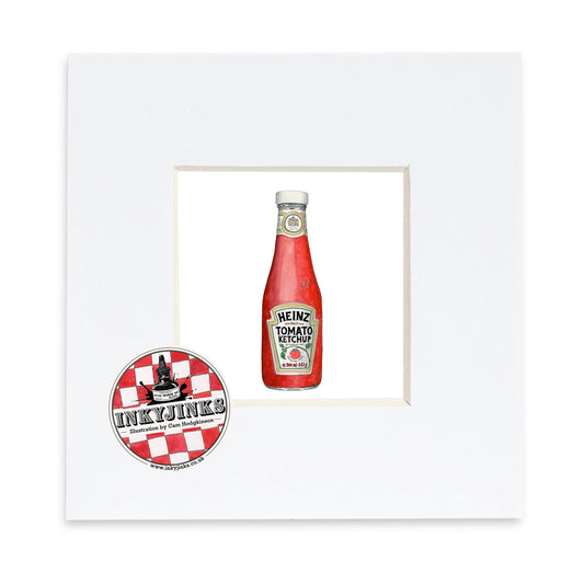 Illustration of a Heinz tomato ketchup bottle in a white mount