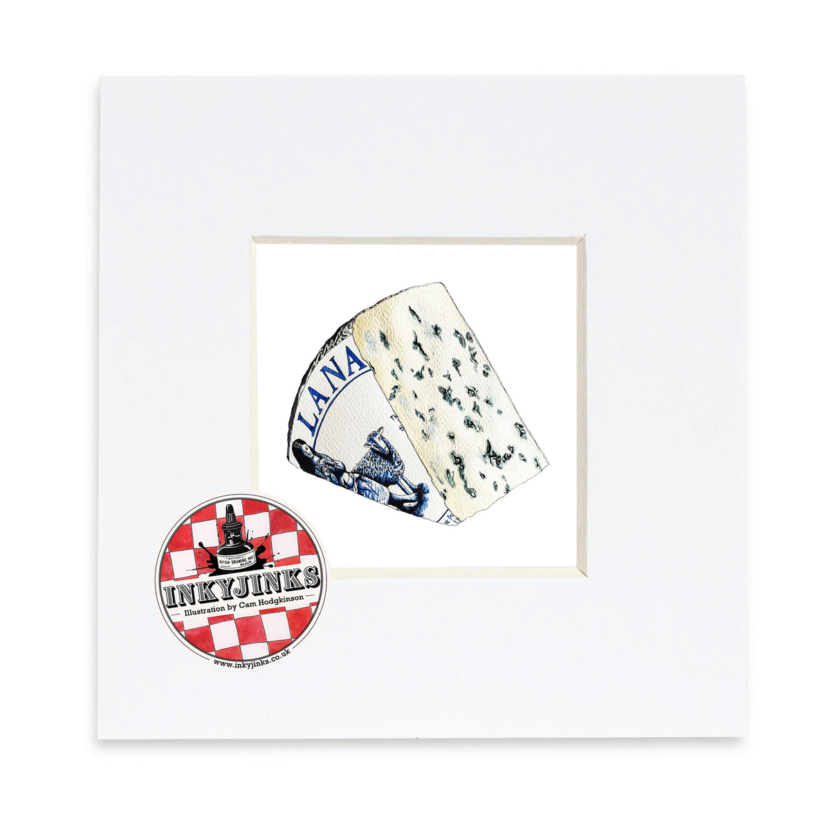 Lanark Blue Mini Print featuring a wedge of blue-veined cheese in a white mount