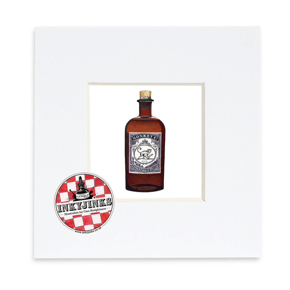 Monkey 47 Gin Mini Print showing a brown bottle with a detailed monkey label in a white mount