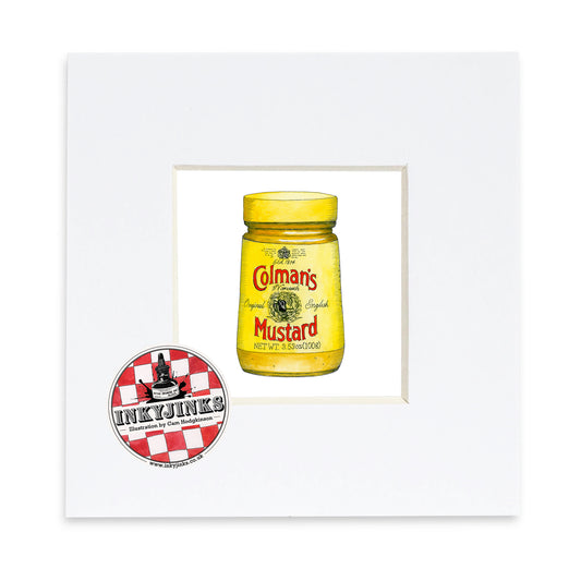 Illustration of a Colman's mustard jar in a white mount