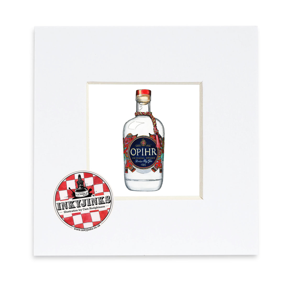 Opihr Gin Mini Print featuring a clear bottle with an ornate colourful label in a white mount