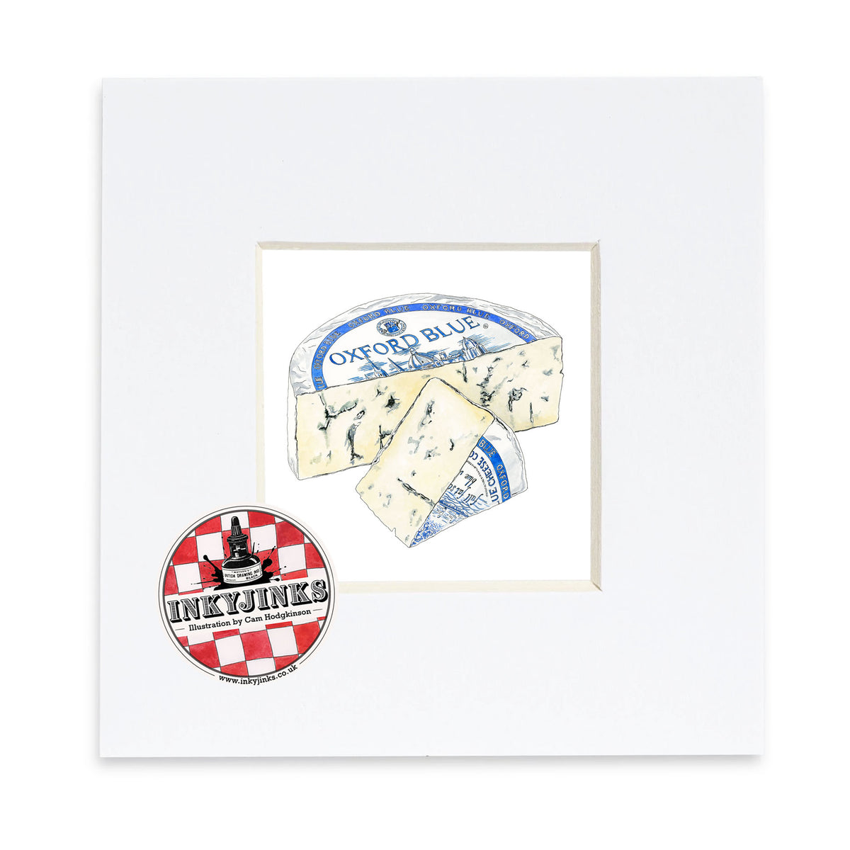 Oxford Blue Mini Print showing blue-veined cheese with a blue label in a white mount