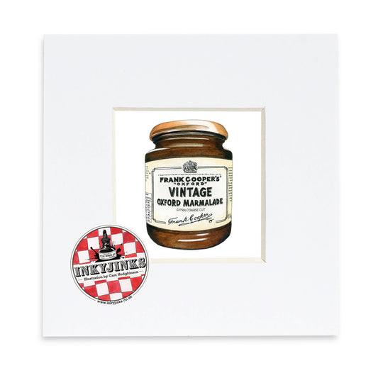 Illustration of a Frank Cooper's Oxford marmalade jar in a white mount
