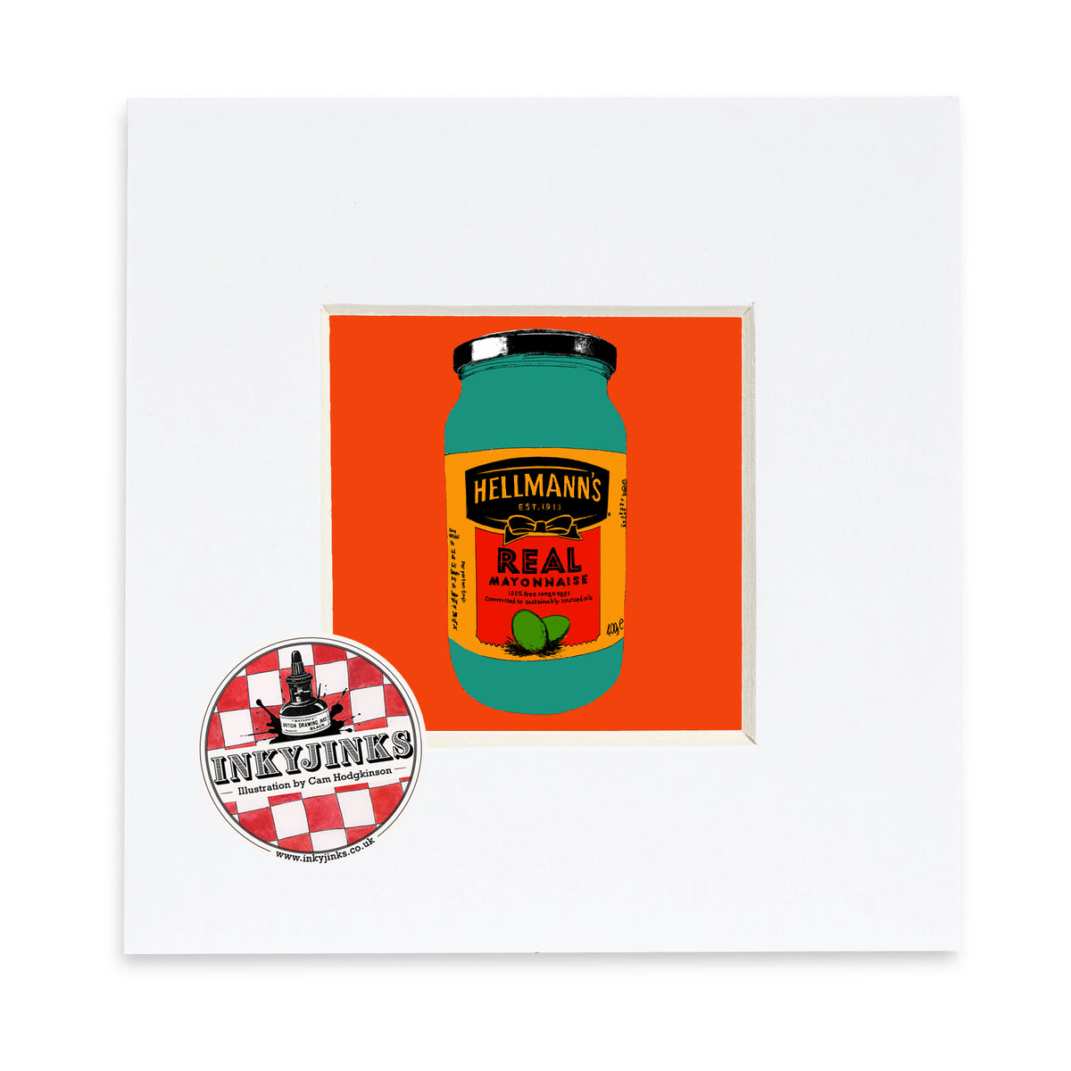 Pop Mayo Mini Print with a teal mayonnaise jar on an orange background in a white mount