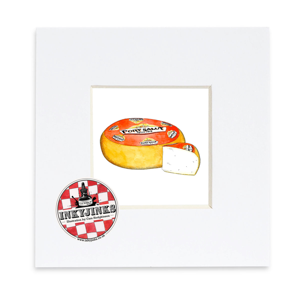Port Salut Mini Print showing a cheese round and wedge with an orange label in a white mount