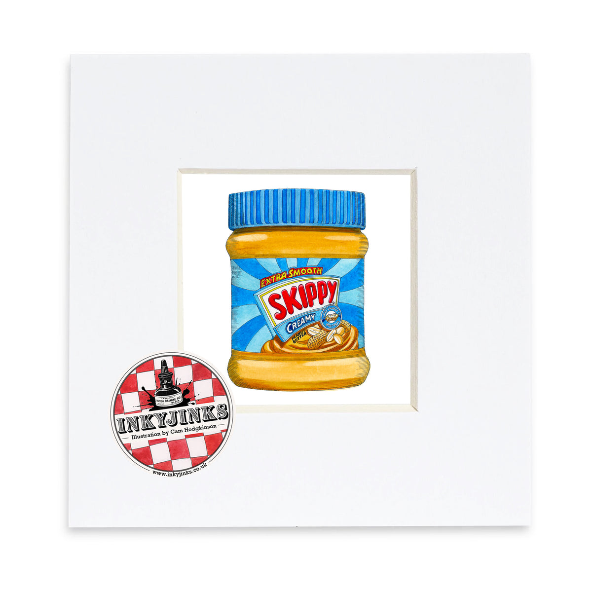 Skippy Mini Print showing a blue-lidded peanut butter jar in a white mount