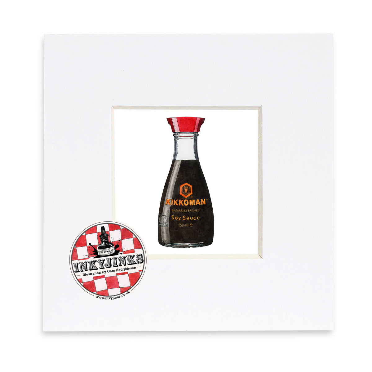 Soy Sauce Mini Print featuring a red-capped Kikkoman bottle in a white mount