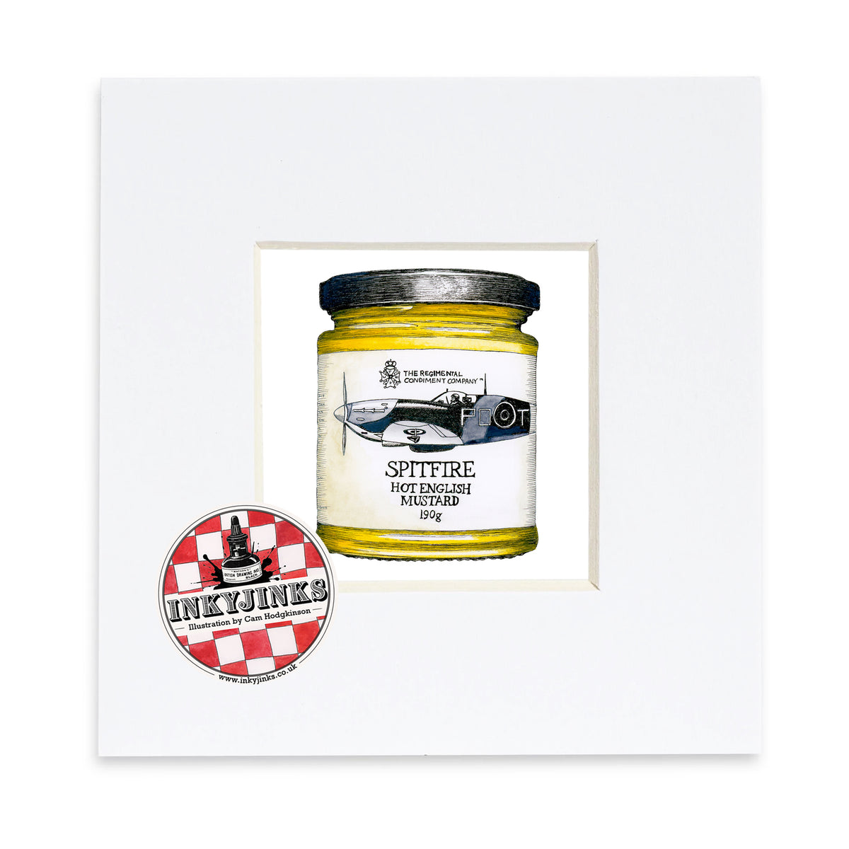 Spitfire Mustard Mini Print featuring a yellow mustard jar with an aircraft label in a white mount