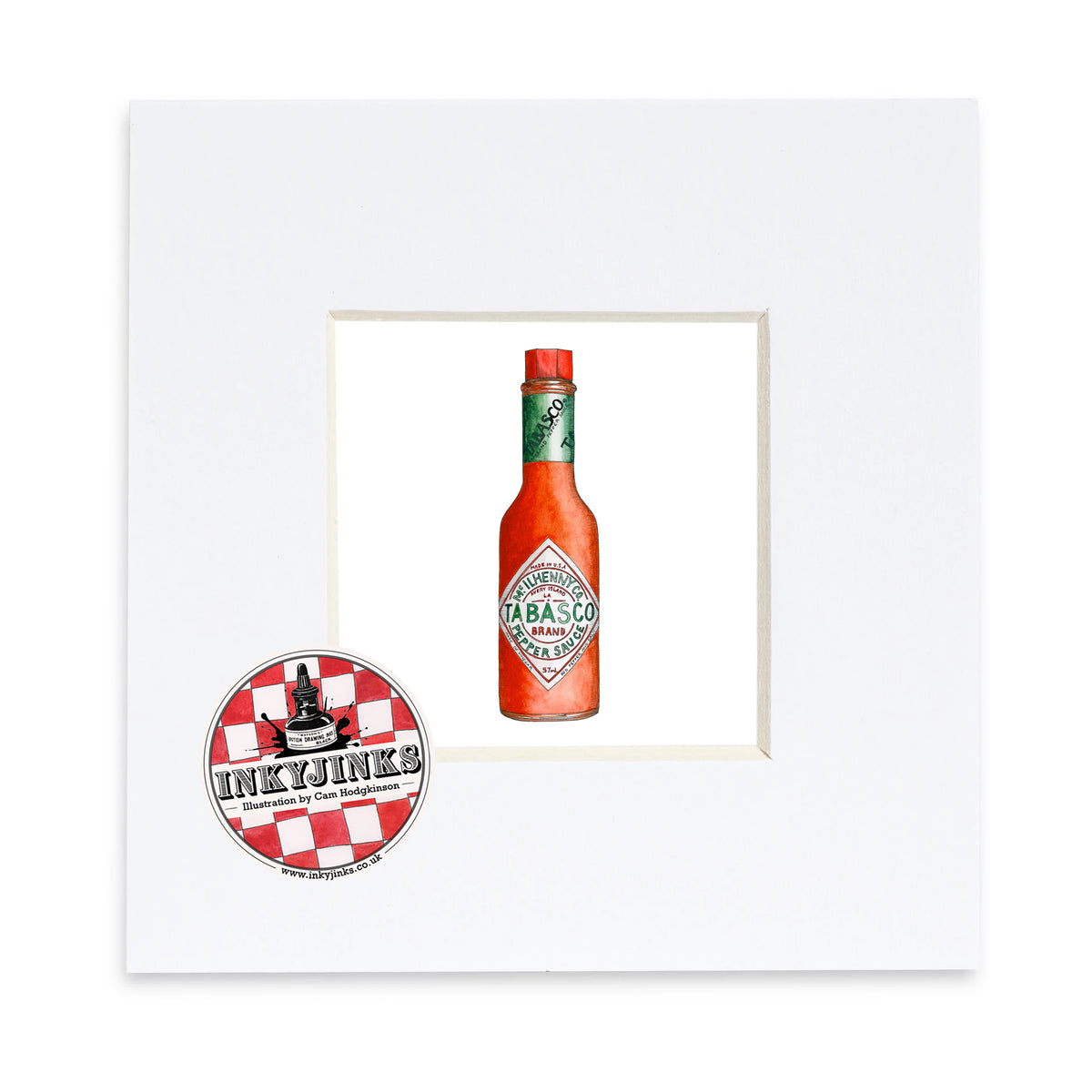 Tabasco Mini Print showing a red hot sauce bottle in a white mount