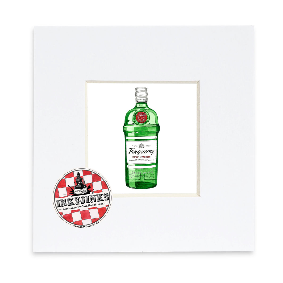 Tanqueray Gin Mini Print showing a green gin bottle with a red seal in a white mount
