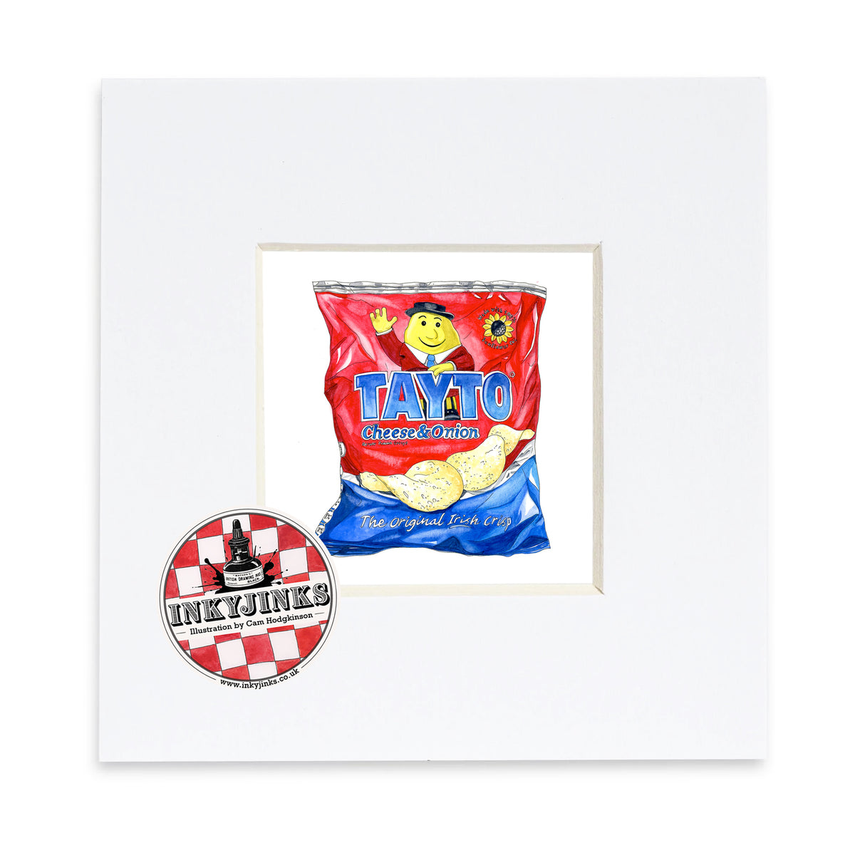 Tayto Mini Print showing a red and blue cheese-and-onion crisp packet in a white mount