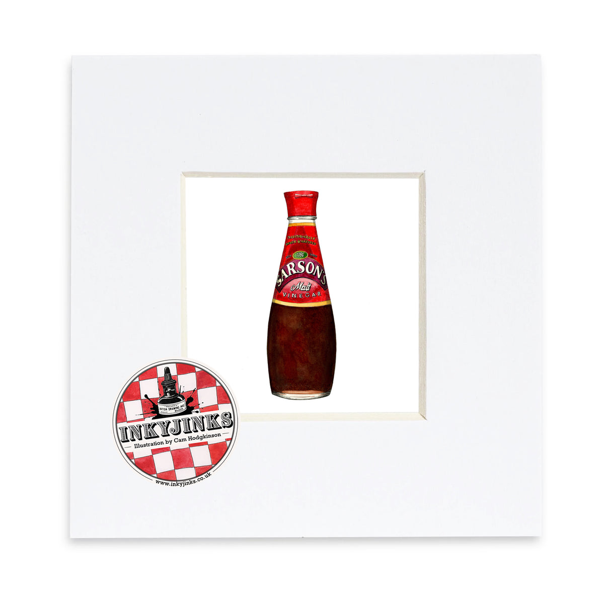 Vinegar Mini Print featuring a Sarson’s malt vinegar bottle in a white mount